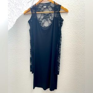 Black Frederick’s of‎ Hollywood dress with lace back and cold shoulder sleeves